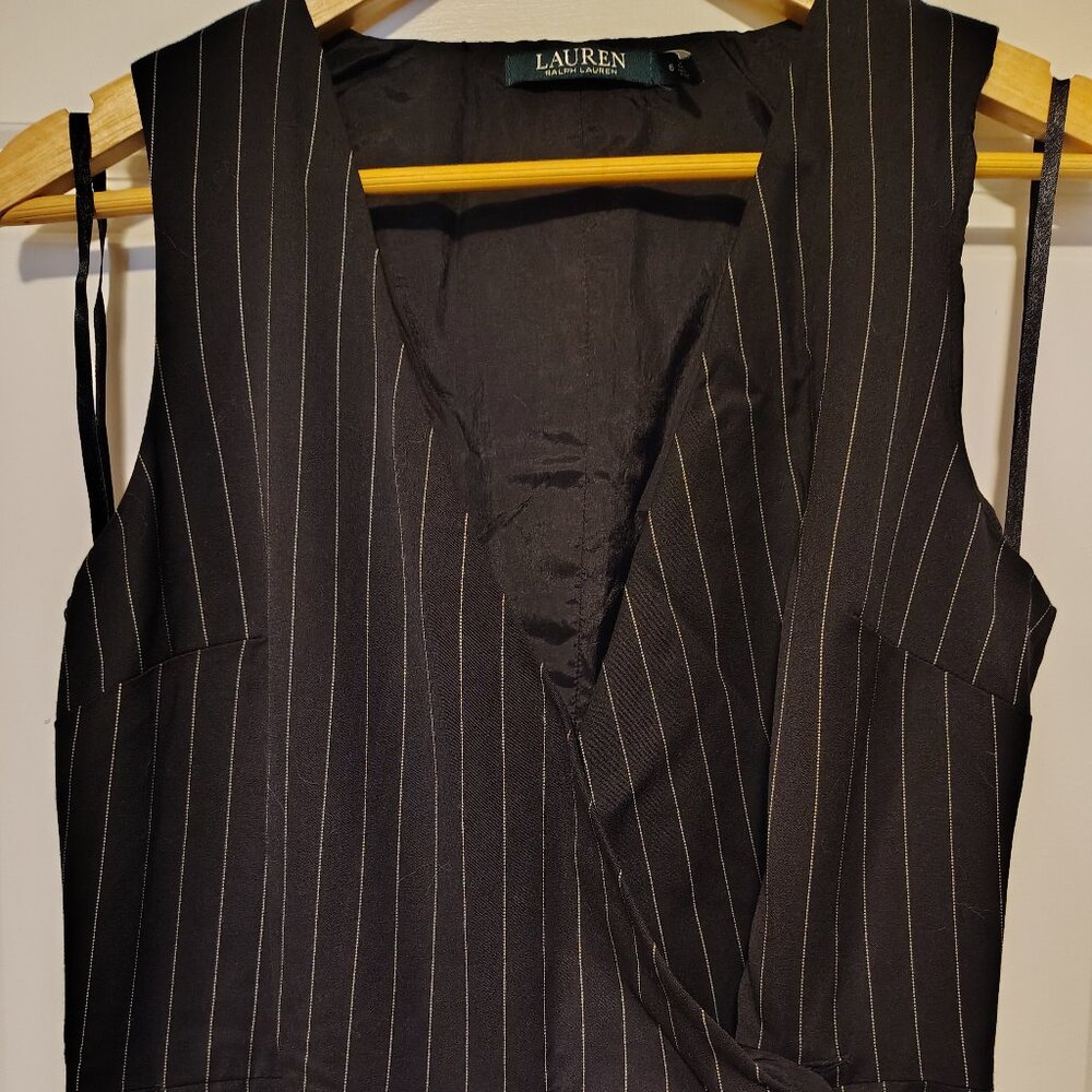 Ralph Lauren Black Pinstripe Pantsuit Sleeveless Flared Pant Belted Office Chic - Picture 5 of 9
